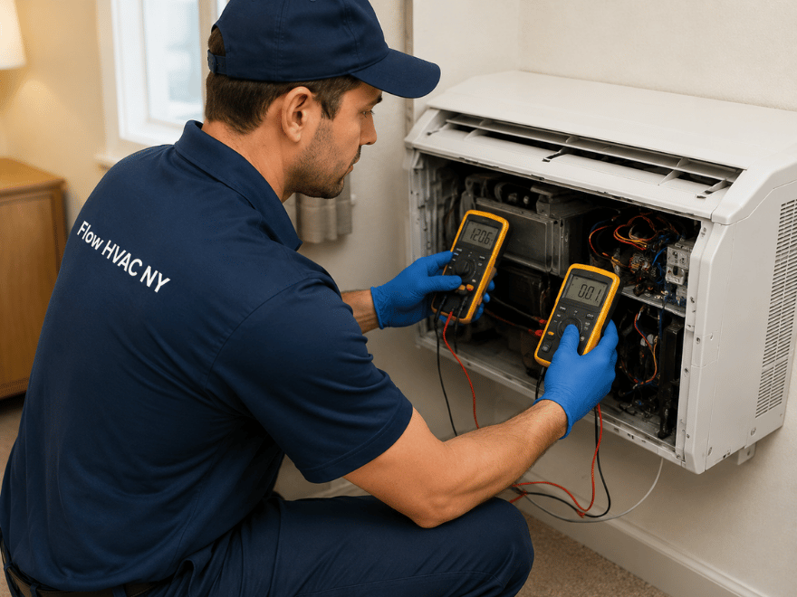 HVAC technician using diagnostic tools to identify PTAC fault in a Brooklyn apartment