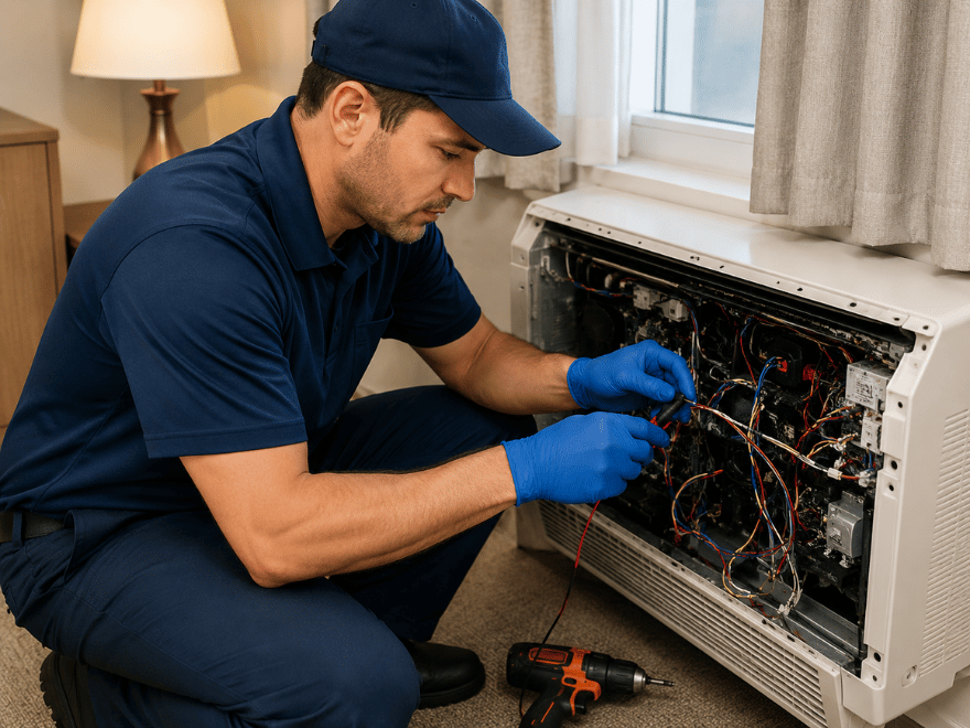 Technician replacing PTAC components in a Bronx hotel suite