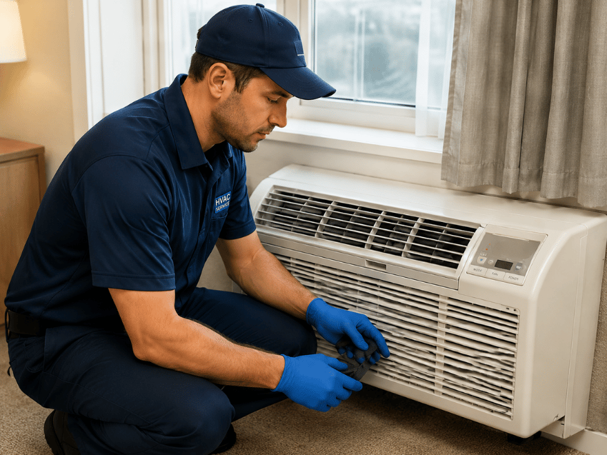 Flow HVAC NY technician inspecting a PTAC unit in a Manhattan hotel room