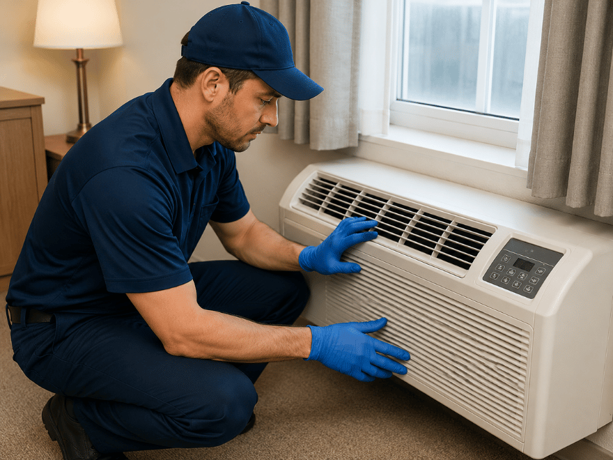 Flow HVAC NY technician performance-testing a repaired PTAC unit in Staten Island